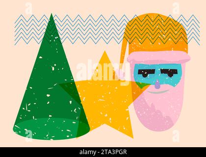 Risograph Santa Claus head with geometric shapes. Objects in trendy riso graph print texture style design with geometry elements. Stock Vector