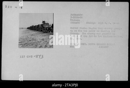 December 18, 1966: A convoy of vehicles, including jeeps, 'mules', trucks, and dune buggies, as seen in this photograph taken by LCpl R. A. Loves of the United States Marine Corp, gather at Chu Lai before departing for Danang. The convoy is protected by troops from the 3rd Battalion 1st Marines. Stock Photo