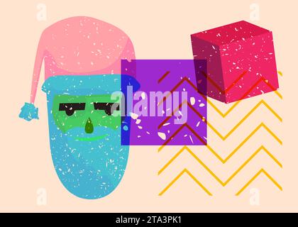 Risograph Santa Claus head with geometric shapes. Objects in trendy riso graph print texture style design with geometry elements. Stock Vector