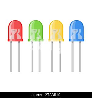 Set of light emitting diodes isolated on white background. Colorful illuminated elements, semiconductor device. LED light bulb electrical component. Stock Vector