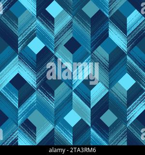 Abstract Geometric Seamless Pattern of Textured Squares and Chevrons Chaotically Colored in Blue Cyan. Fashionable Design for Wallpapers, Wrappings, Products  Stock Vector