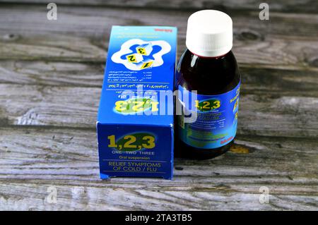 Cairo, Egypt, November 20 2023: One Two Three 123 cold flu oral suspension for children to relief the symptoms, Paracetamol (acetaminophen) 160mg, Pse Stock Photo