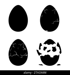 Egg breaking sequence icon isolated on white background. Farm chicken eggshell cracking stages. Hatching chick stages. Cracked eggs icon with eggshell Stock Vector