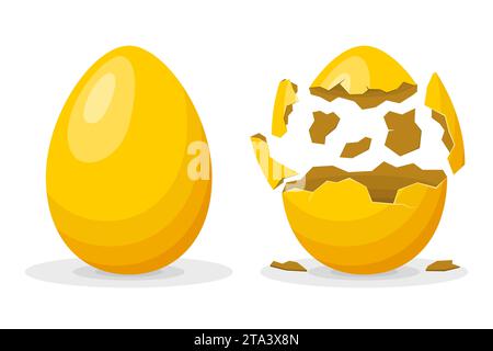 Golden whole and broken egg isolated on a white background. Gold chicken eggshell cracking. Cracked eggs with eggshell pieces. Easter elements design. Stock Vector