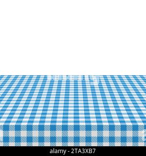 The picnic table is covered with a checkered tablecloth. White blue gingham textile. Clean surface with textile, template for ad restaurant cafe menu Stock Vector
