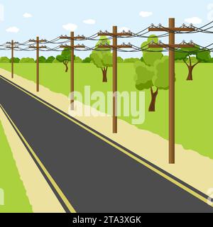 Empty countryside road with electricity pole along the way. Utility pole Electricity concept. High voltage wires. Landscape vector illustration. Stock Vector