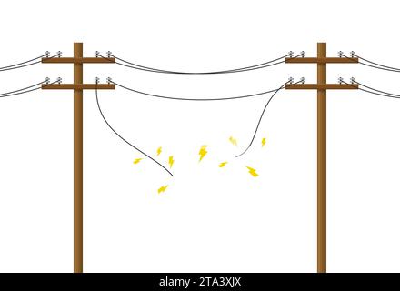 Broken electric pole damaged short circuit with spark. Wood power lines, Electric power transmission. Utility pole Electricity concept. High voltage Stock Vector
