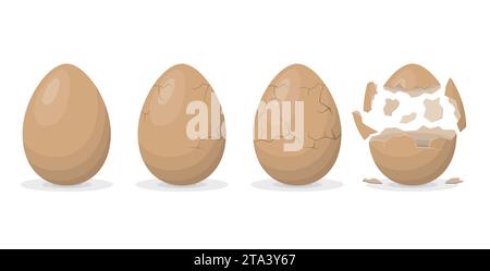 Egg breaking sequence isolated on white background. Farm chicken eggshell cracking stages. Hatching chick stages. Cracked eggs with eggshell pieces. Stock Vector