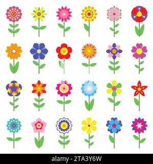 Set of flat spring flower icons isolated on white background. Simple colorful floral icons in bright colors. Decorative flower silhouette collection. Stock Vector