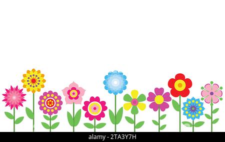 Spring flowers border isolated on white background. Simple colorful floral icons in bright colors. Decorative flower silhouette collection. Stock Vector