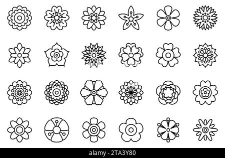 Set of spring flower line icons isolated on white background. Simple floral icons. Decorative flower silhouette collection. Different shape Stock Vector