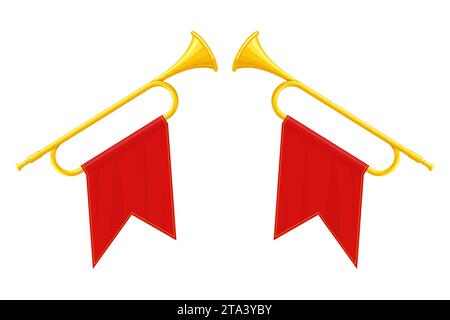 Golden horn trumpets musical instruments isolated on white background. Royal fanfare with triumphant flag for play music. Vector illustration. Stock Vector