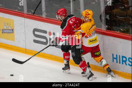 Lausanne, Switzerland. 11th Aug, 2023. Joel Genaro of Lausanne HC and Sean Malone of SCL Tigers #37 are in action during The ten years of club promotion. The match of the 27th day of the 2023-2024 season took place at the Vaudoise Arena in Lausanne between Lausanne HC and SCL Tigers. Lausanne HC won 6-2. (Photo by: Eric Dubost/Sipa USA) Credit: Sipa USA/Alamy Live News Stock Photo