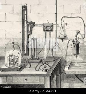 Laboratory tools. Suction and blowing tube and its applications in the laboratory T- Apparatus assembly, F- Safety bottle, R-  Glass taps, M- Manometer, C- Bell with ground edges. Old illustration from La Nature 1887 Stock Photo