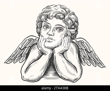 Hand drawn pensive Angel child with wings. Cherub or Cupid sketch. Vintage vector illustration Stock Vector