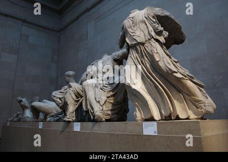 Elgin marbles also known as the Parthenon marbles, at the British Museum, London following a diplomatic row between UK and Greece. Greek Prime Minister Kyriakos Mitsotakis was due to meet British Prime Minister Rishi Sunak, cancelled a planned wide-ranging meeting with his Greek counterpart Kyriakos Mitsotakis over a diplomatic row the Parthenon marbles. The marbles are a collection of Ancient Greek sculptures from the Acropolis in Athens and were removed from the Parthenon in the early 19th century by Thomas Bruce, the 7th Earl of Elgin and then-British ambassador to the Ottoman empire. Greec Stock Photo