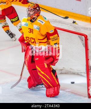 Lausanne, Switzerland. 11th Aug, 2023. Stéphane Charlin (goalie) of SCL Tigers #33 concedes a goal during The ten years of club promotion. The match of the 27th day of the 2023-2024 season took place at the Vaudoise Arena in Lausanne between Lausanne HC and SCL Tigers. Lausanne HC won 6-2. (Photo by: Eric Dubost/Sipa USA) Credit: Sipa USA/Alamy Live News Stock Photo