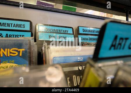 Ken Burns label at Amoeba Music store used DVD section for directors; San Francisco, California; American movie documentary filmmaker, documentarian. Stock Photo