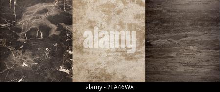 Banner with samples of marble stone and gray granite. materials for design and interior. Artificial stone. Stock Photo