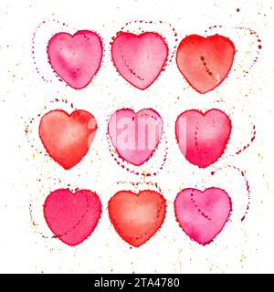 Red hearts on a white background watercolor painting.Handmade watercolor drawing, square image. Stock Photo