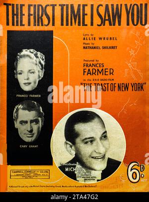 Golden Age Cinema Sheet Music - 'The First Time I Saw You'.  Music sheet cover featuring Frances Farmer and Cary Grant from the film 'The Toast of New York'. Stock Photo