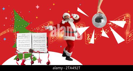 Dancing Santa Claus with disco ball, music sheets and drawn Christmas tree on red background Stock Photo