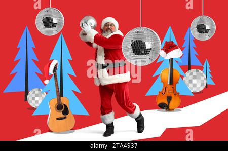 Dancing Santa Claus with disco balls, musical instruments and drawn Christmas trees on red background Stock Photo