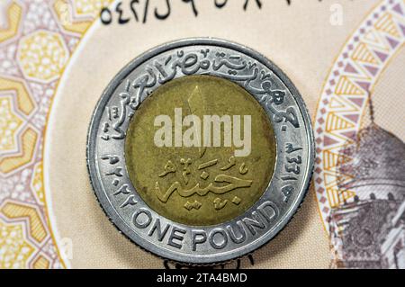 Reverse side date and value of Egyptian 1 LE EGP One Egyptian pound coin on Egyptian banknote, of  (Police day 70 years) in the memorial of Egypt poli Stock Photo