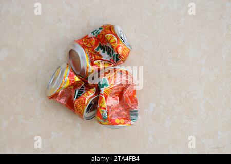 KYIV, UKRAINE - 4 MAY, 2023: Mirinda orange drink in orange citrus tin can with classic design and logo close up Stock Photo