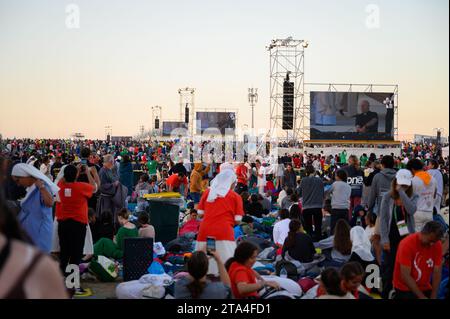 Padre Guilherme, the WYD DJ priest, mixing music to wake up the pilgrims. Parque Tejo – Campo da Graça. World Youth Days 2023 in Lisbon, Portugal. Stock Photo