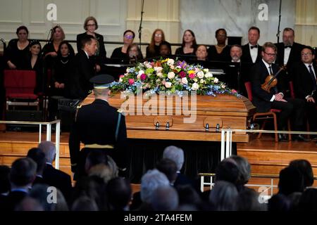 Atlanta, United States. 28th Nov, 2023. The casket of former first lady Rosalynn Carter rests in place for a tribute service at Glenn Memorial Church at Emory University on Tuesday, November 28, 2023, in Atlanta, Georgia. Pool Photo by Brynn Anderson/UPI Credit: UPI/Alamy Live News Stock Photo