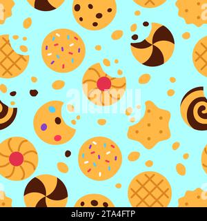 Cookies seamless pattern on blue background. Stock Vector