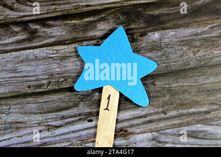A yellow star fixed to a wooden tongue depressor with number 1 as a reward for school child, glittered colorful Eva foam sheets, colored cardboard, ru Stock Photo
