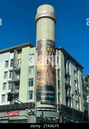 Circular billboard advertising the movie Black Cake on Hulu at the corner of sunset Blvd. and Vine St. in Hollywood, California, USA Stock Photo