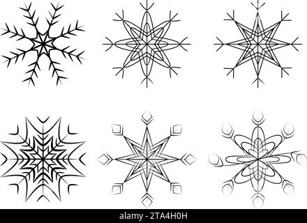 Set of 6 abstract patterned snowflakes. Design elements for Christmas or New Year greetings and cards. Isolate. EPS. Vector for poster, banner, brochures, billboard, price tag, label, wallpaper or web Stock Vector