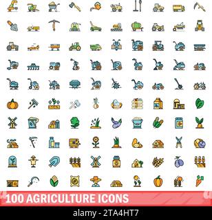 100 agriculture icons set. Color line set of agriculture vector icons thin line color flat on white Stock Vector