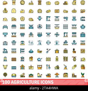 100 agriculture icons set. Color line set of agriculture vector icons thin line color flat on white Stock Vector