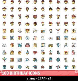 100 birthday icons set. Color line set of birthday vector icons thin line color flat on white Stock Vector