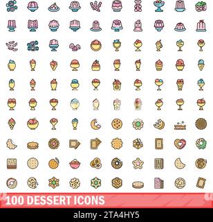 100 dessert icons set. Color line set of dessert vector icons thin line color flat on white Stock Vector