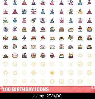 100 birthday icons set. Color line set of birthday vector icons thin line color flat on white Stock Vector