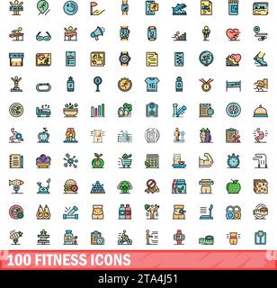 100 fitness icons set. Color line set of fitness vector icons thin line color flat on white Stock Vector
