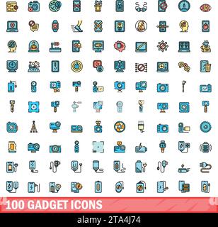 100 gadget icons set. Color line set of gadget vector icons thin line color flat on white Stock Vector