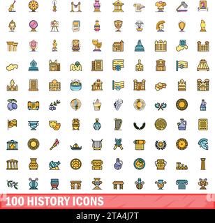 100 history icons set. Color line set of history vector icons thin line color flat on white Stock Vector