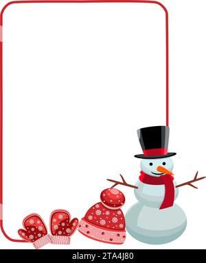 Christmas frame with snowman and hat with mittens on white background. Vector illustration. Stock Vector