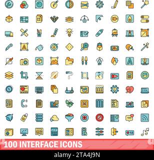 100 interface icons set. Color line set of interface vector icons thin line color flat on white Stock Vector