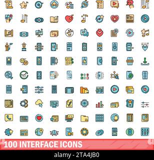 100 interface icons set. Color line set of interface vector icons thin line color flat on white Stock Vector