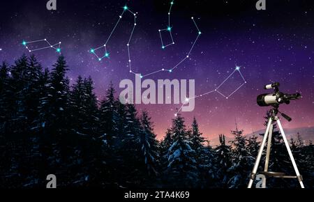 Different constellations in starry sky over conifer forest at night. Stargazing with telescope Stock Photo