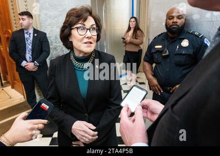 Washington, United States. 28th Nov, 2023. U.S. Senator Jacky Rosen (D-NV) speaking with reporters at the U.S. Capitol. Credit: SOPA Images Limited/Alamy Live News Stock Photo