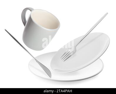 Clean plates, fork, knife and cup falling on white background Stock Photo