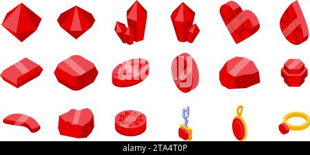 Ruby rock icons set isometric vector. Magic gem stone. Mineral crystal Stock Vector